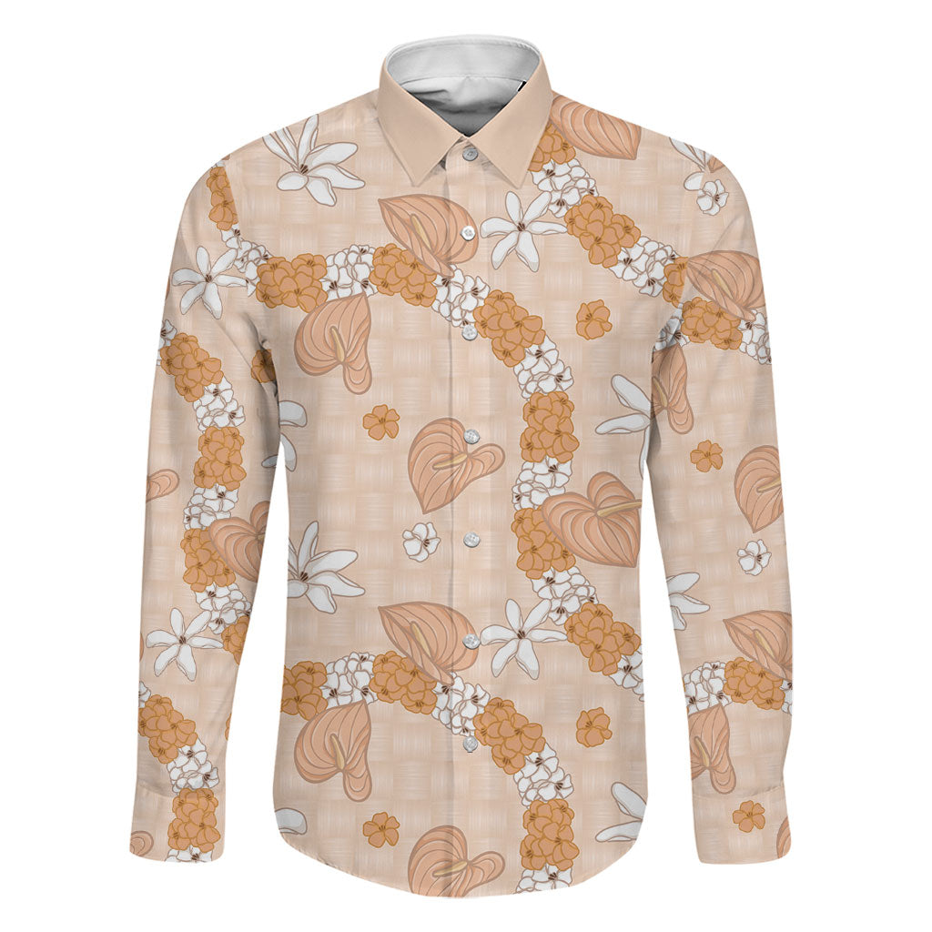 Hawaii Anthurium Tiare Pikake Lei Family Matching Mermaid Dress and Hawaiian Shirt Alani Lauhala Art Pattern LT01 Dad's Shirt - Long Sleeve Orange - Polynesian Pride