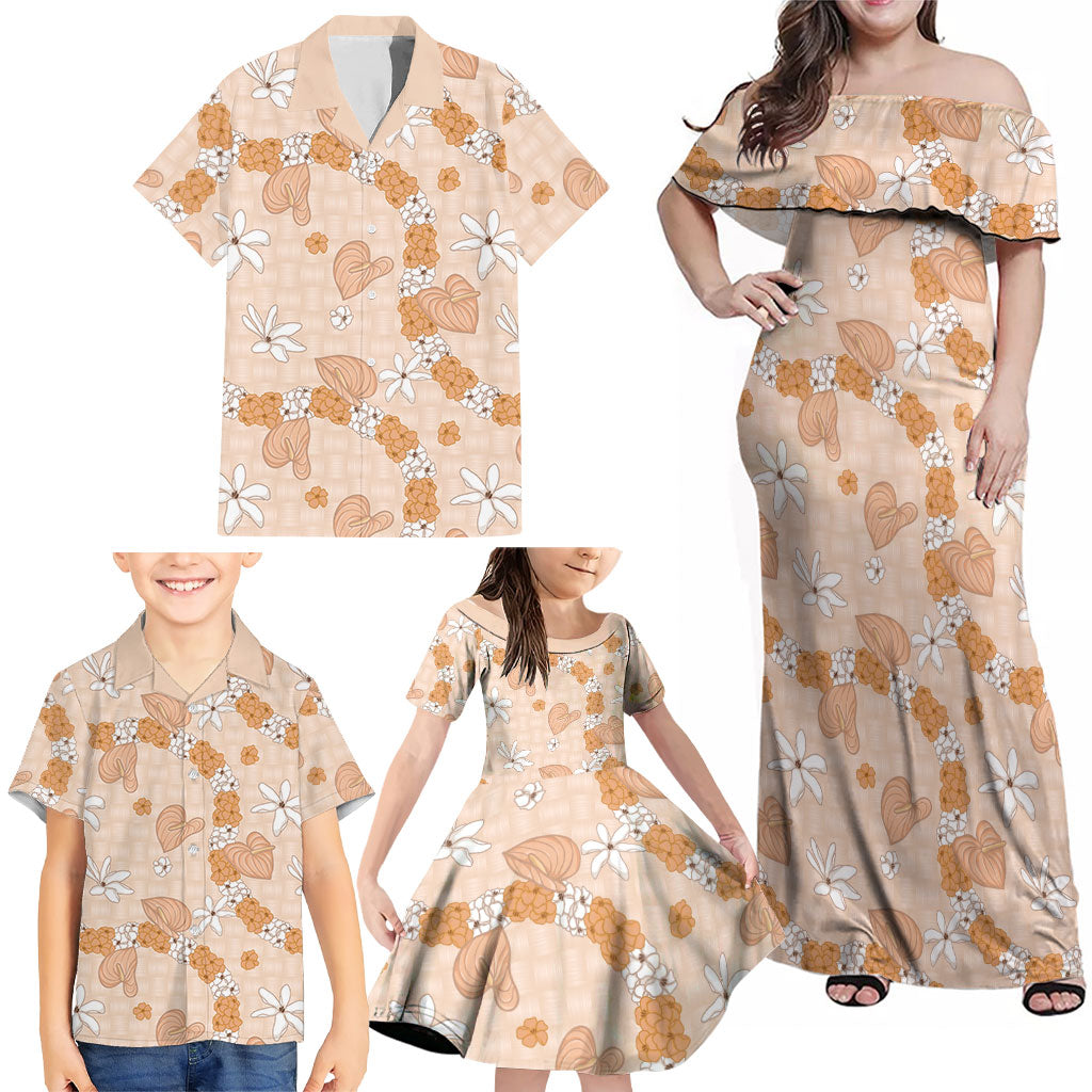 Hawaii Anthurium Tiare Pikake Lei Family Matching Off Shoulder Maxi Dress and Hawaiian Shirt Alani Lauhala Art Pattern