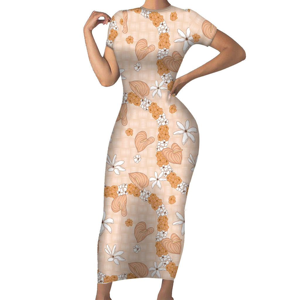Hawaii Anthurium Tiare Pikake Lei Family Matching Short Sleeve Bodycon Dress and Hawaiian Shirt Alani Lauhala Art Pattern