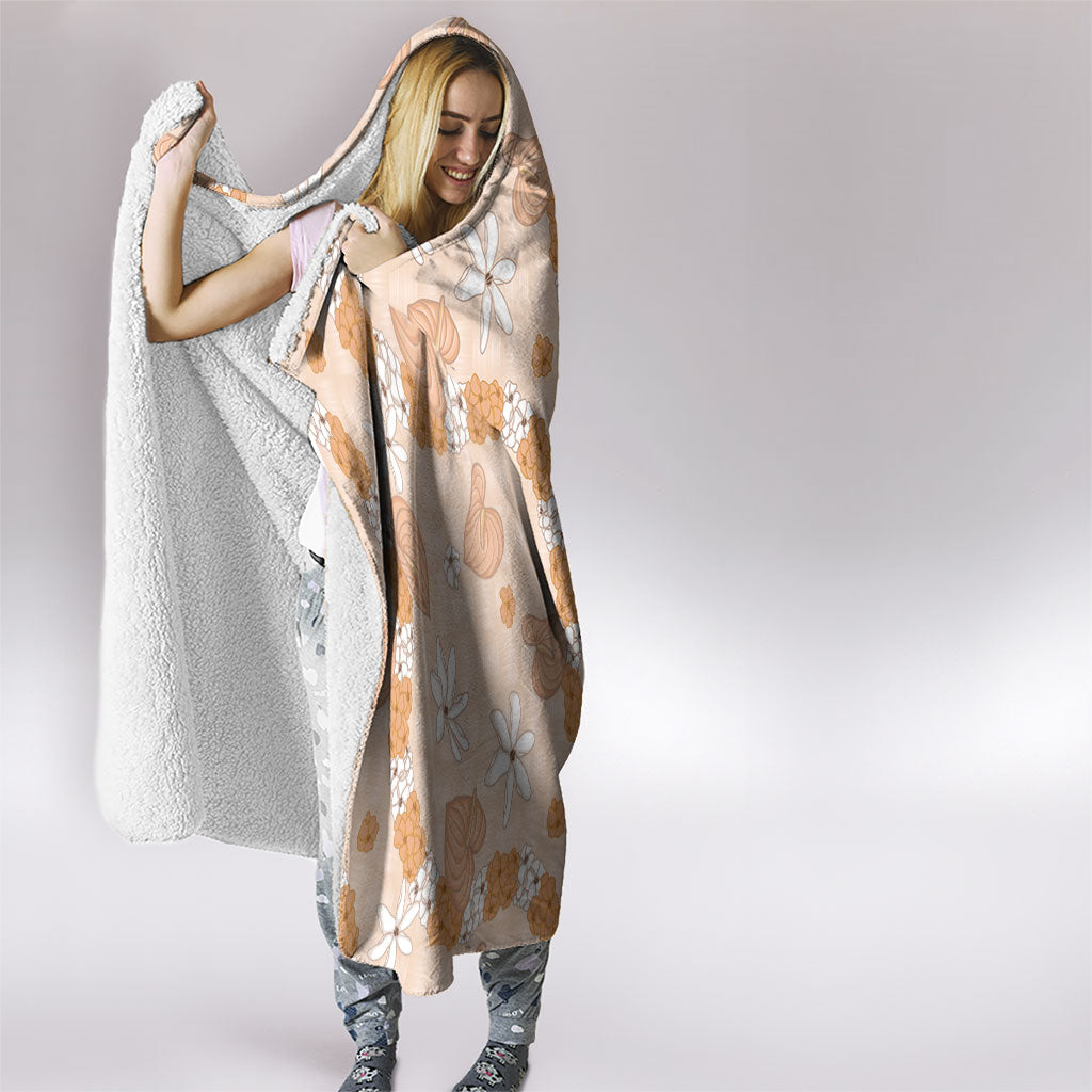 Hawaii Anthurium Tiare Pikake Lei Hooded Blanket Alani Lauhala Art Pattern