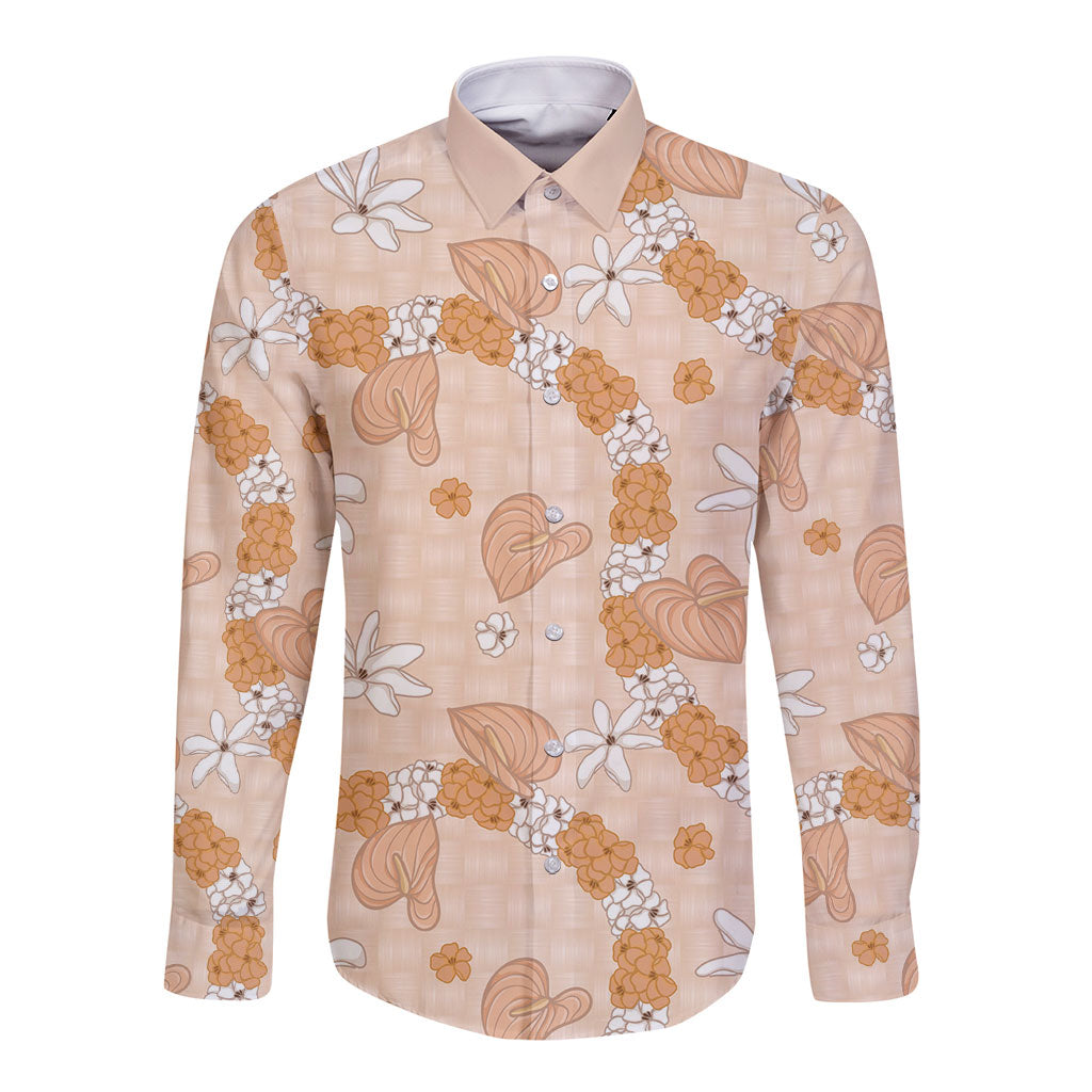 Hawaii Anthurium Tiare Pikake Lei Long Sleeve Button Shirt Alani Lauhala Art Pattern