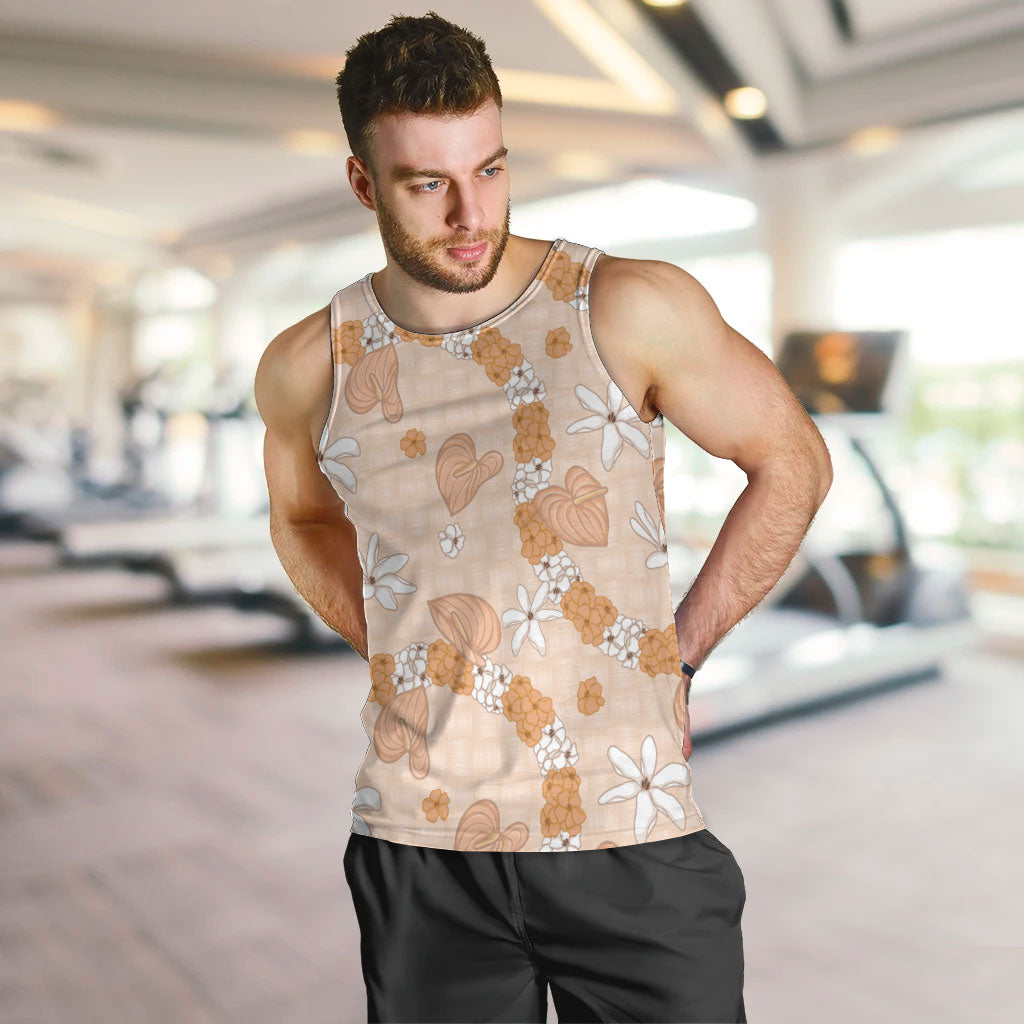 Hawaii Anthurium Tiare Pikake Lei Men Tank Top Alani Lauhala Art Pattern LT01 Orange - Polynesian Pride