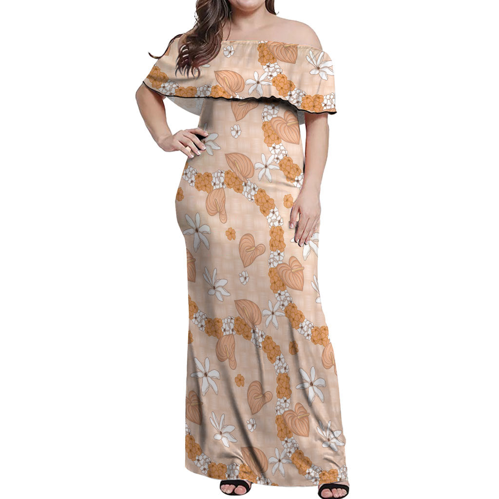 Hawaii Anthurium Tiare Pikake Lei Off Shoulder Maxi Dress Alani Lauhala Art Pattern LT01 Women Orange - Polynesian Pride