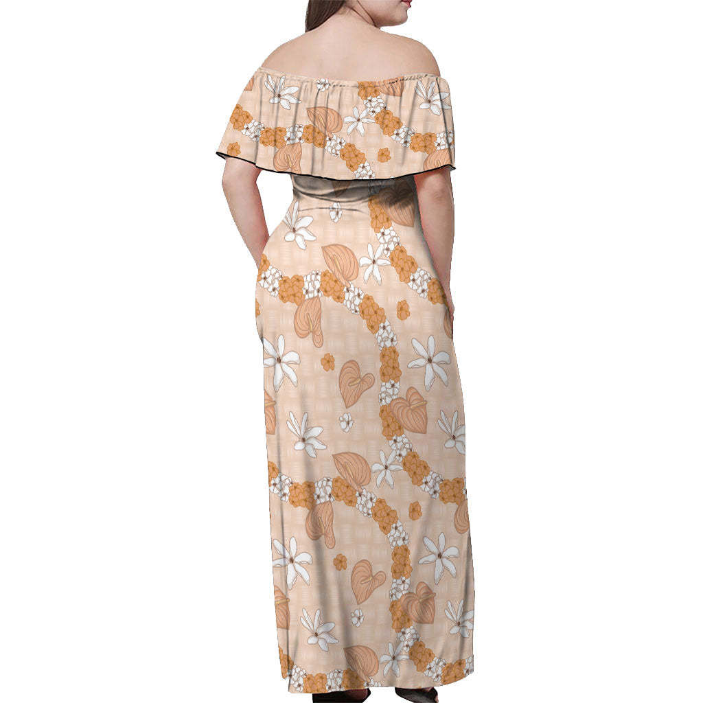 Hawaii Anthurium Tiare Pikake Lei Off Shoulder Maxi Dress Alani Lauhala Art Pattern LT01 - Polynesian Pride
