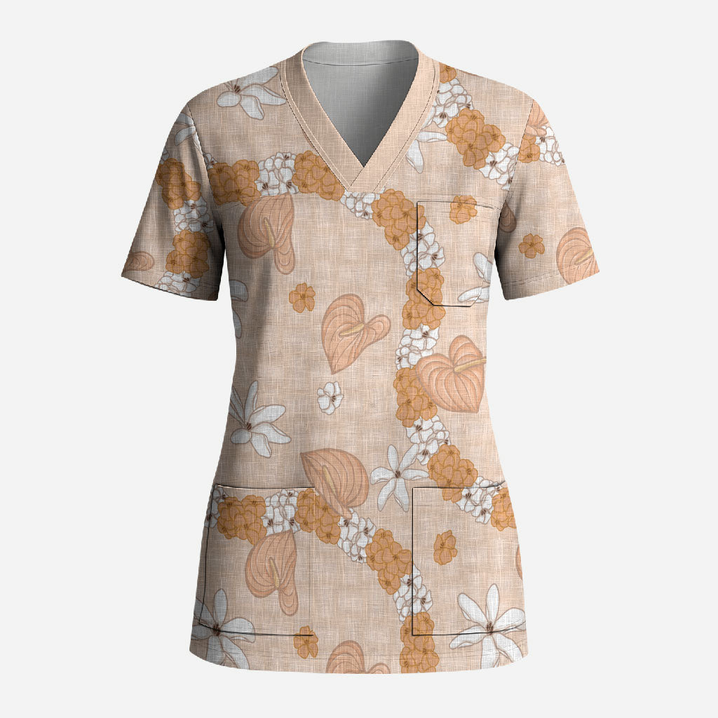 Hawaii Anthurium Tiare Pikake Lei Scrub Top Alani Lauhala Art Pattern