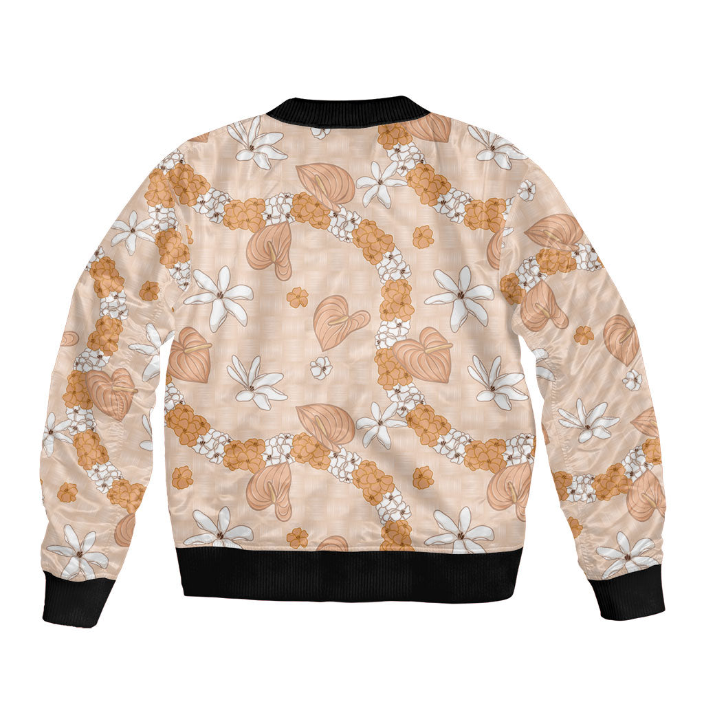 Hawaii Anthurium Tiare Pikake Lei Sleeve Zip Bomber Jacket Alani Lauhala Art Pattern