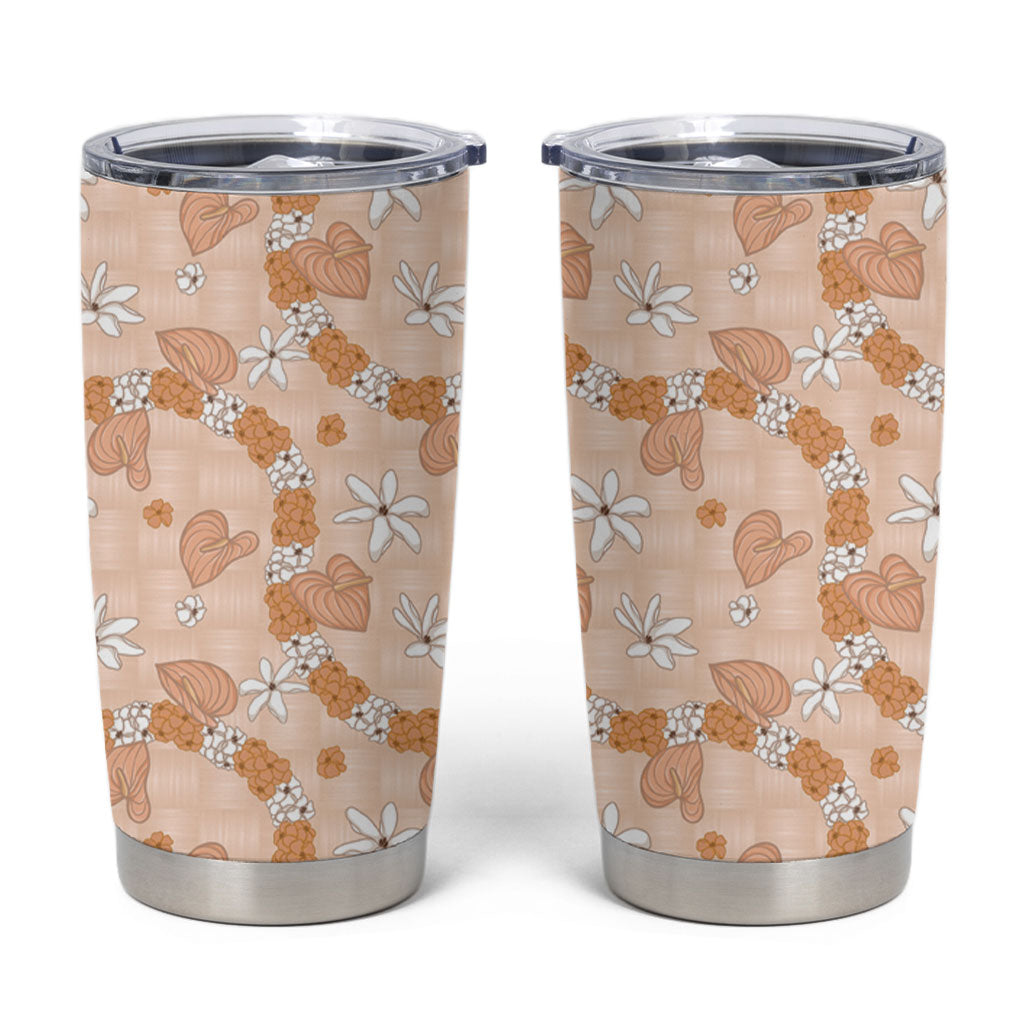 Hawaii Anthurium Tiare Pikake Lei Tumbler Cup Alani Lauhala Art Pattern LT01 Orange - Polynesian Pride