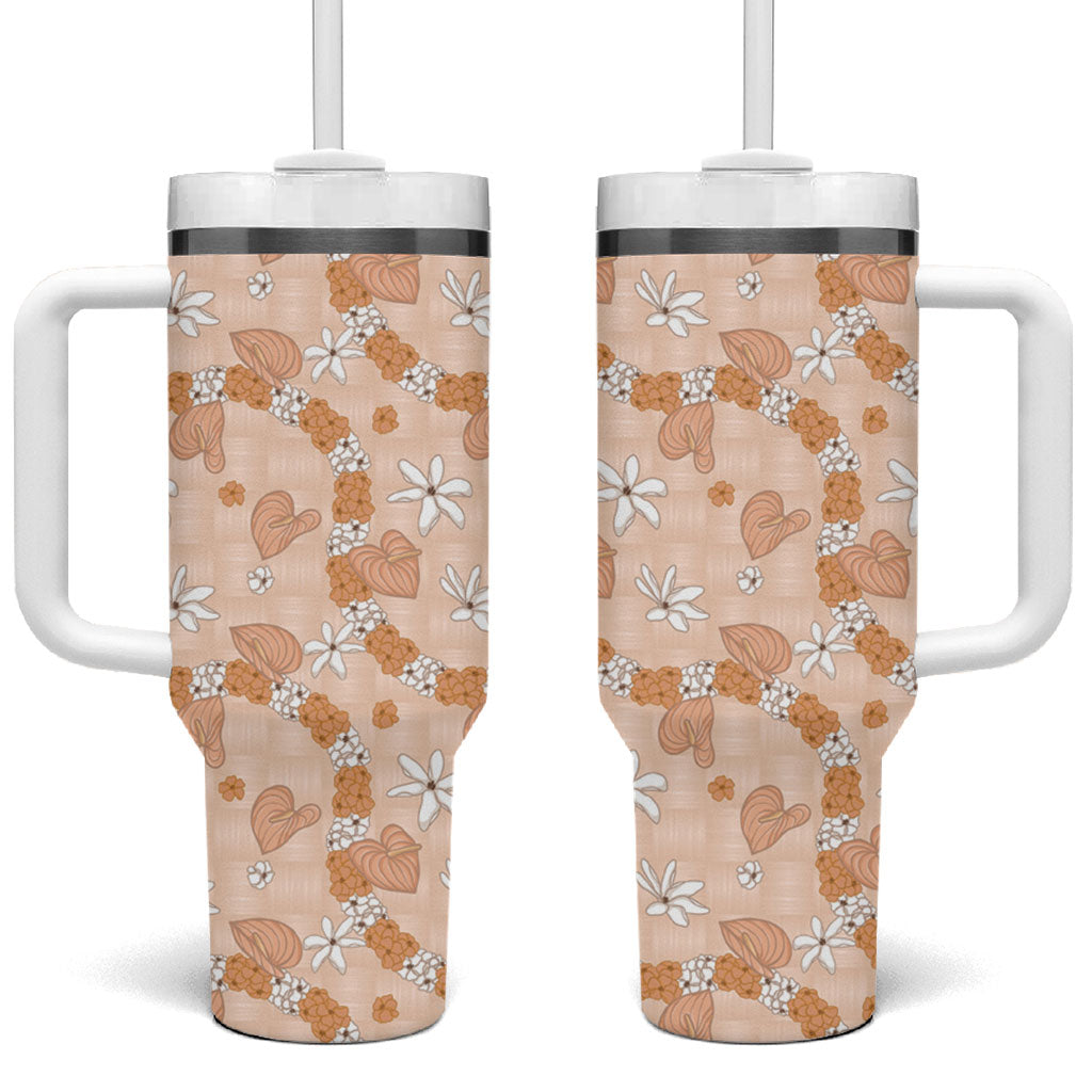 Hawaii Anthurium Tiare Pikake Lei Tumbler With Handle Alani Lauhala Art Pattern LT01 One Size: 40 oz Orange - Polynesian Pride