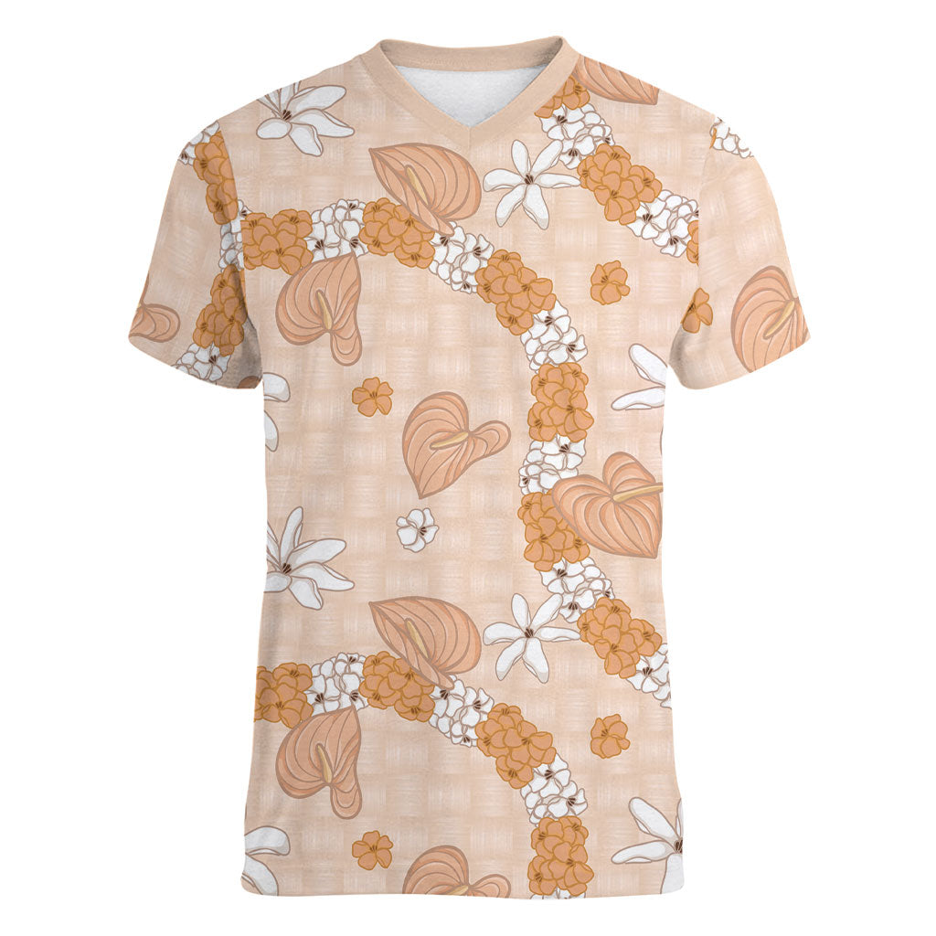 Hawaii Anthurium Tiare Pikake Lei Women V-Neck T-Shirt Alani Lauhala Art Pattern