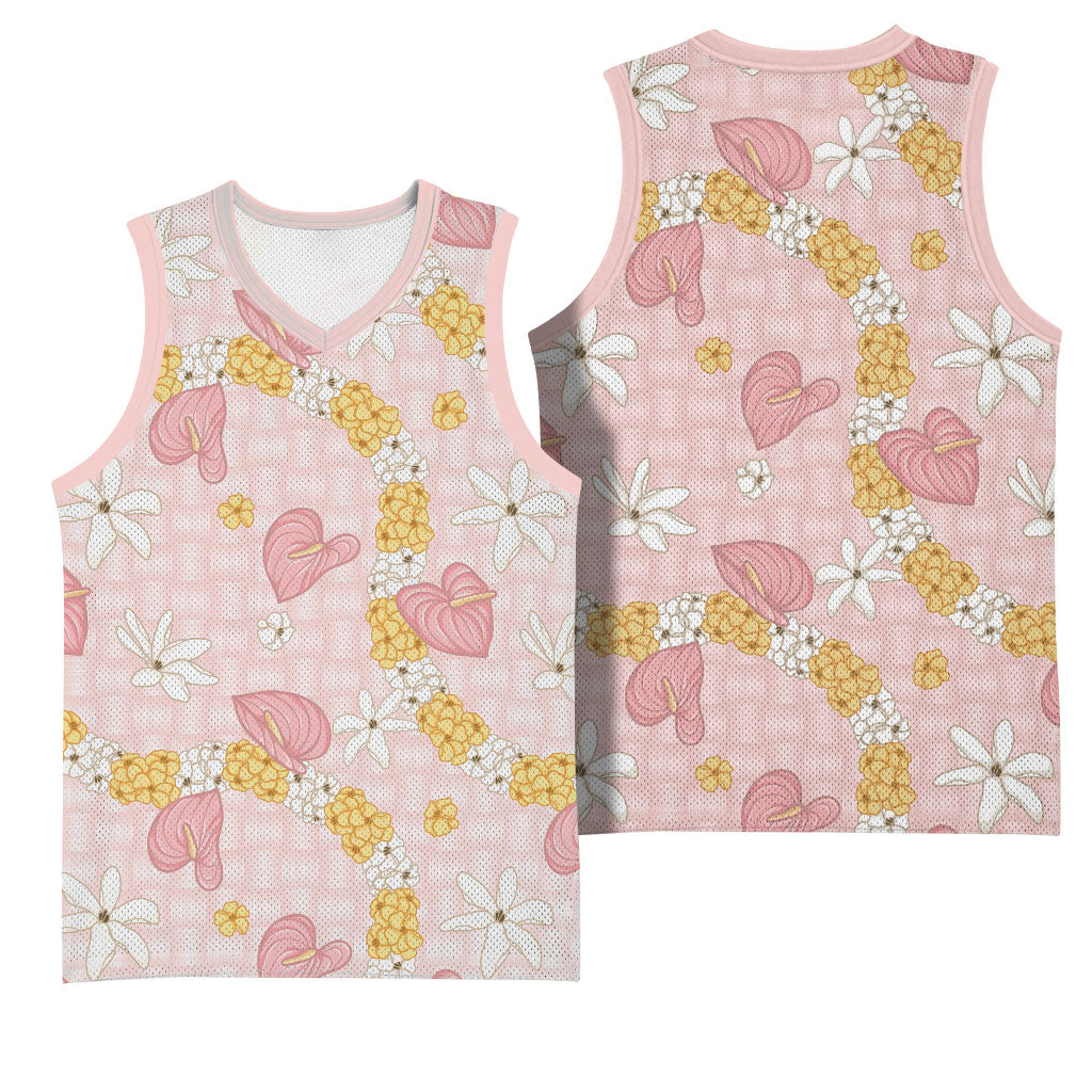 Hawaii Anthurium Tiare Pikake Lei Basketball Jersey Akala Lauhala Art Pattern