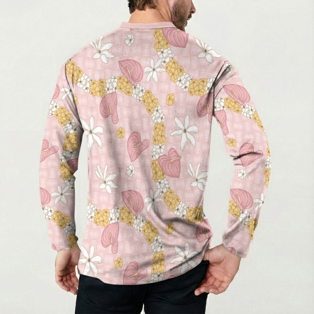 Hawaii Anthurium Tiare Pikake Lei Button Sweatshirt Akala Lauhala Art Pattern