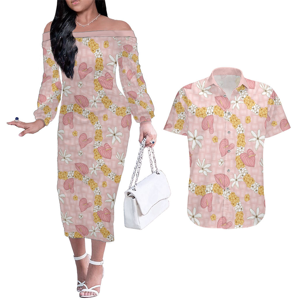 Hawaii Anthurium Tiare Pikake Lei Couples Matching Off The Shoulder Long Sleeve Dress and Hawaiian Shirt Akala Lauhala Art Pattern LT01 Pink - Polynesian Pride