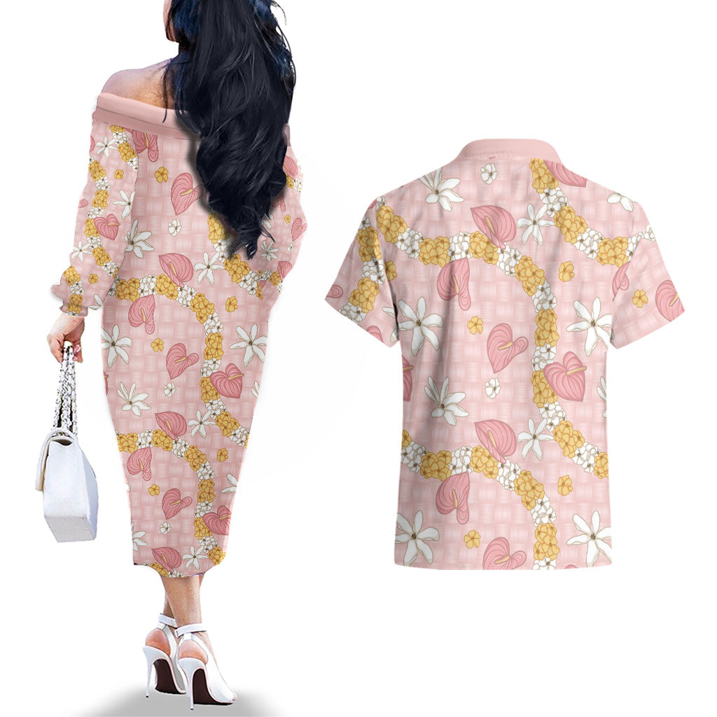 Hawaii Anthurium Tiare Pikake Lei Couples Matching Off The Shoulder Long Sleeve Dress and Hawaiian Shirt Akala Lauhala Art Pattern LT01 - Polynesian Pride