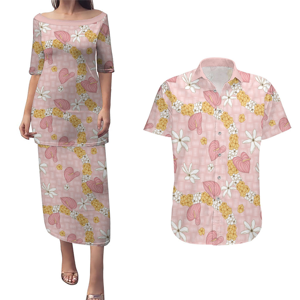 Hawaii Anthurium Tiare Pikake Lei Couples Matching Puletasi and Hawaiian Shirt Akala Lauhala Art Pattern LT01 Pink - Polynesian Pride
