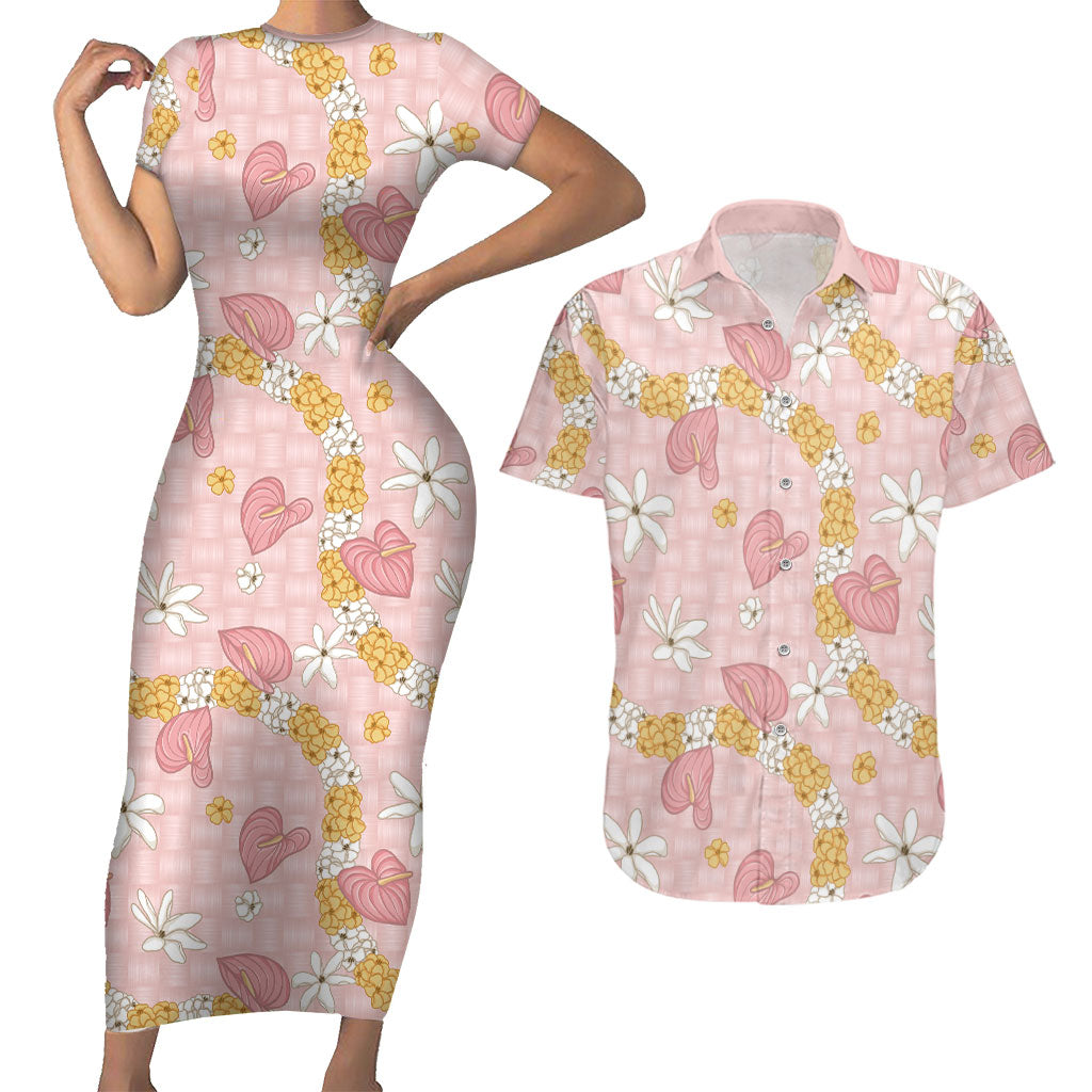 Hawaii Anthurium Tiare Pikake Lei Couples Matching Short Sleeve Bodycon Dress and Hawaiian Shirt Akala Lauhala Art Pattern