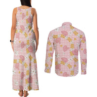 Hawaii Anthurium Tiare Pikake Lei Couples Matching Tank Maxi Dress and Long Sleeve Button Shirt Akala Lauhala Art Pattern