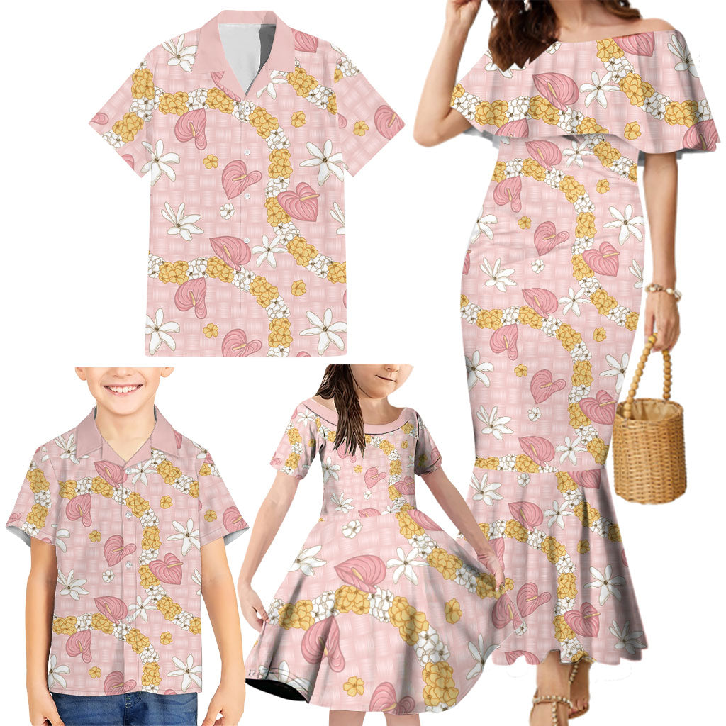 Hawaii Anthurium Tiare Pikake Lei Family Matching Mermaid Dress and Hawaiian Shirt Akala Lauhala Art Pattern