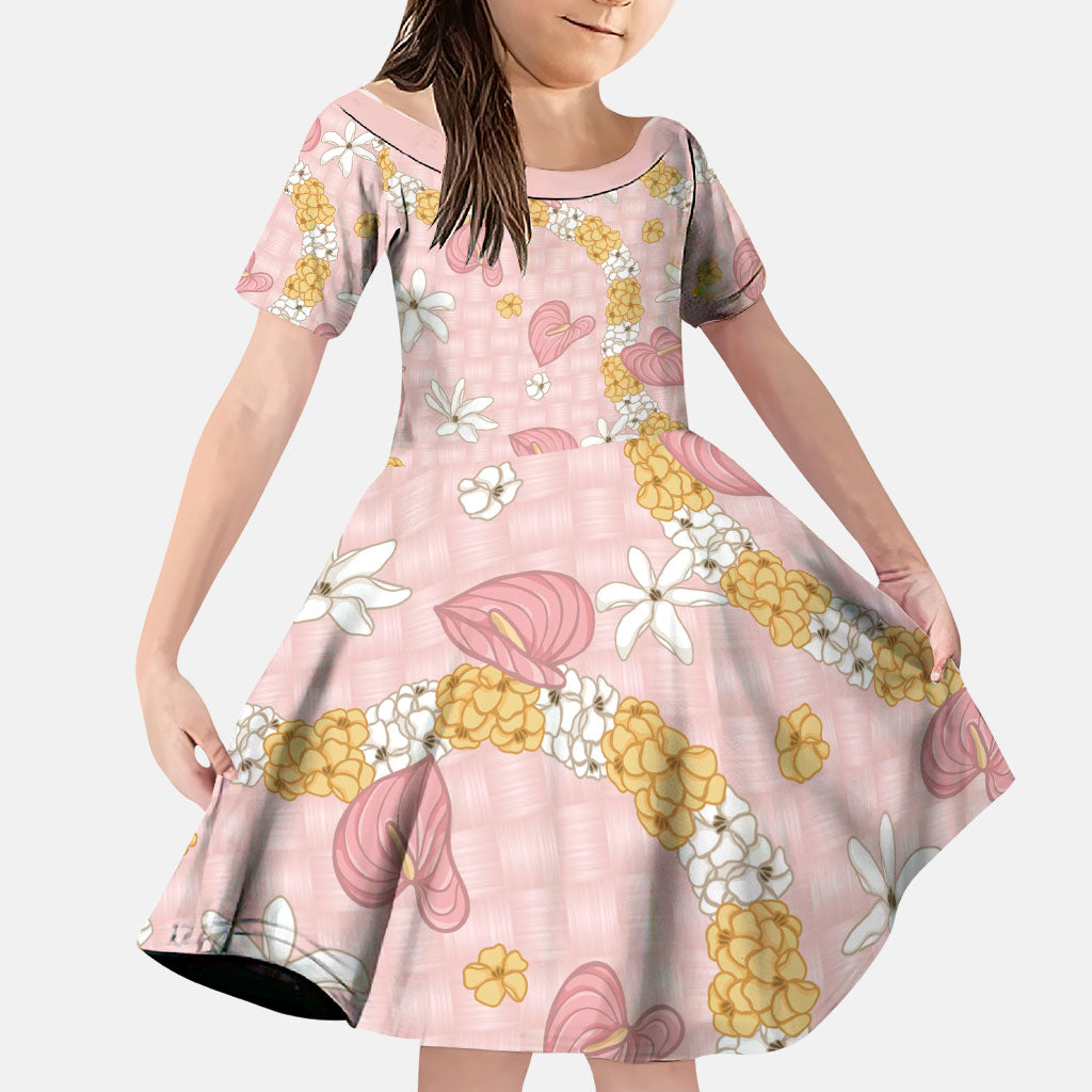 Hawaii Anthurium Tiare Pikake Lei Family Matching Puletasi and Hawaiian Shirt Akala Lauhala Art Pattern LT01 Daughter's Dress Pink - Polynesian Pride