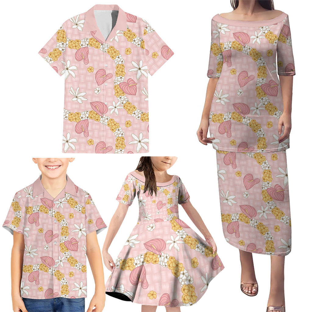 Hawaii Anthurium Tiare Pikake Lei Family Matching Puletasi and Hawaiian Shirt Akala Lauhala Art Pattern LT01 - Polynesian Pride
