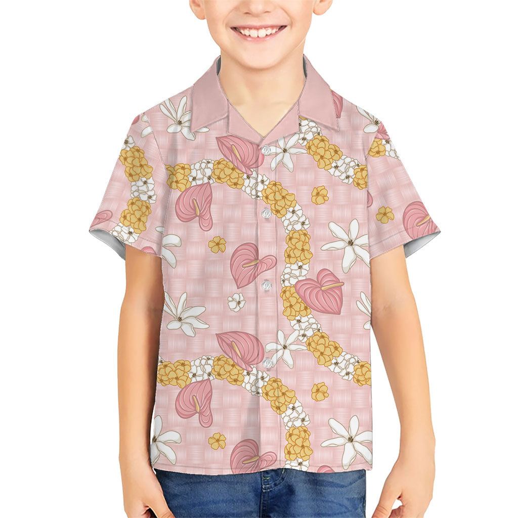 Hawaii Anthurium Tiare Pikake Lei Family Matching Puletasi and Hawaiian Shirt Akala Lauhala Art Pattern LT01 Son's Shirt Pink - Polynesian Pride