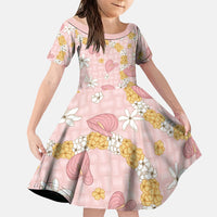 Hawaii Anthurium Tiare Pikake Lei Family Matching Tank Maxi Dress and Hawaiian Shirt Akala Lauhala Art Pattern LT01 Daughter's Dress Pink - Polynesian Pride