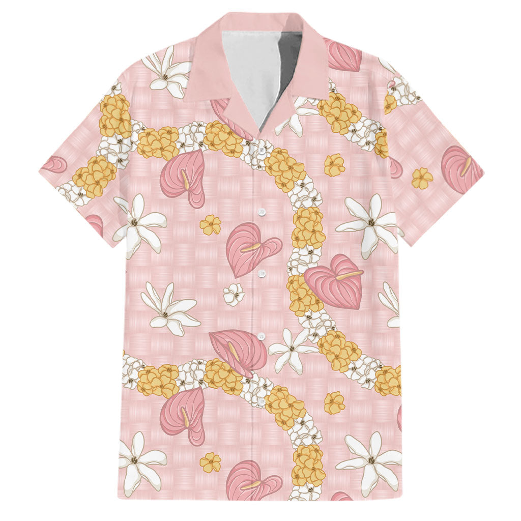 Hawaii Anthurium Tiare Pikake Lei Family Matching Tank Maxi Dress and Hawaiian Shirt Akala Lauhala Art Pattern LT01 Dad's Shirt - Short Sleeve Pink - Polynesian Pride