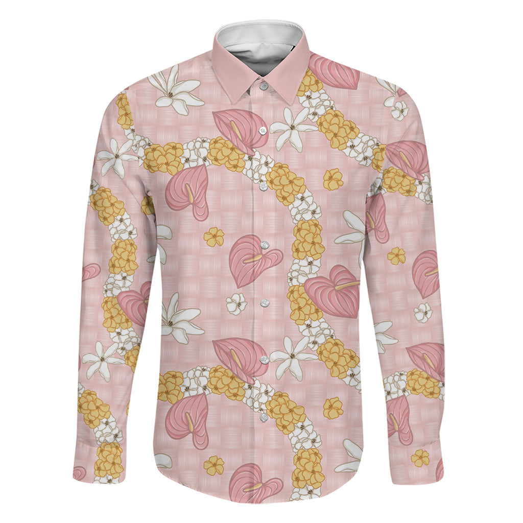 Hawaii Anthurium Tiare Pikake Lei Family Matching Tank Maxi Dress and Hawaiian Shirt Akala Lauhala Art Pattern LT01 Dad's Shirt - Long Sleeve Pink - Polynesian Pride