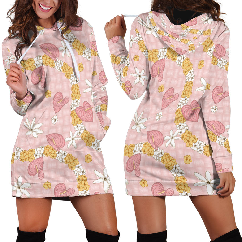 Hawaii Anthurium Tiare Pikake Lei Hoodie Dress Akala Lauhala Art Pattern LT01 - Polynesian Pride