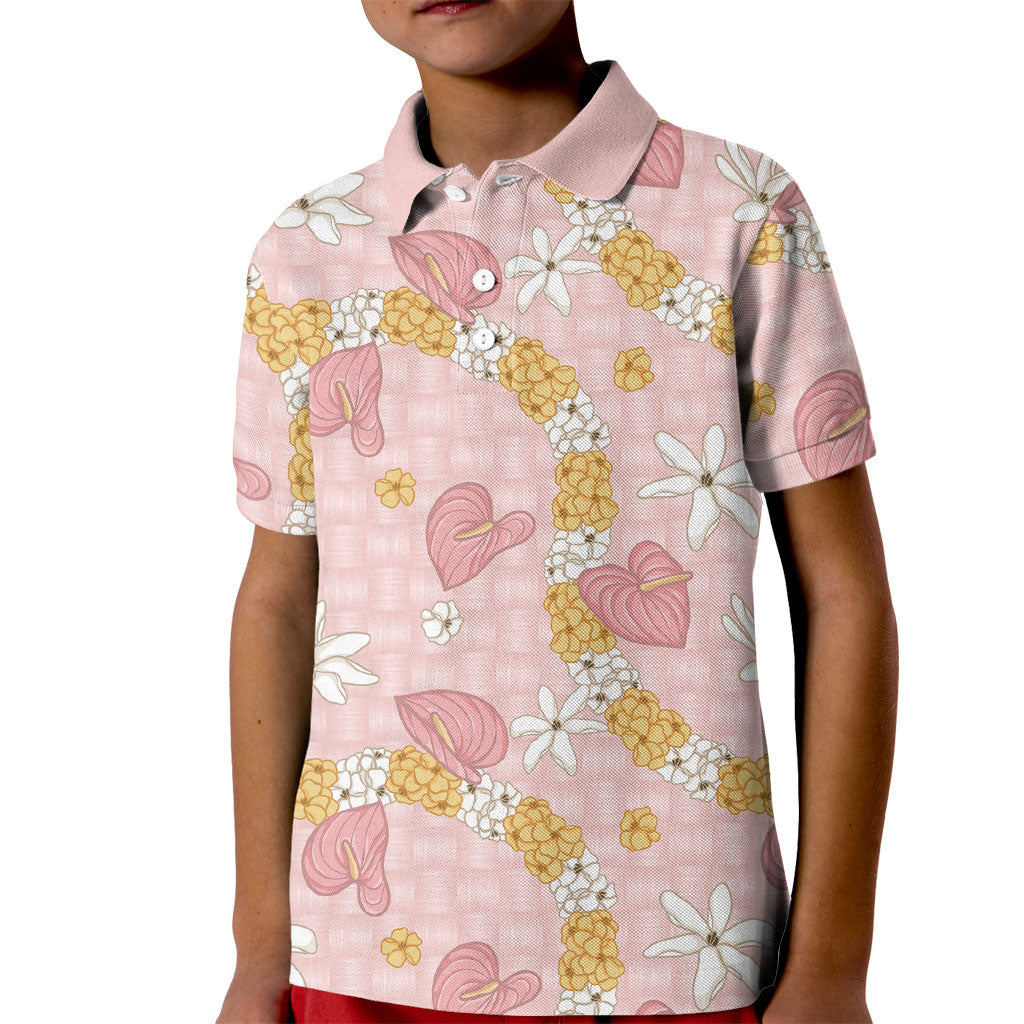 Hawaii Anthurium Tiare Pikake Lei Kid Polo Shirt Akala Lauhala Art Pattern LT01 Kid Pink - Polynesian Pride
