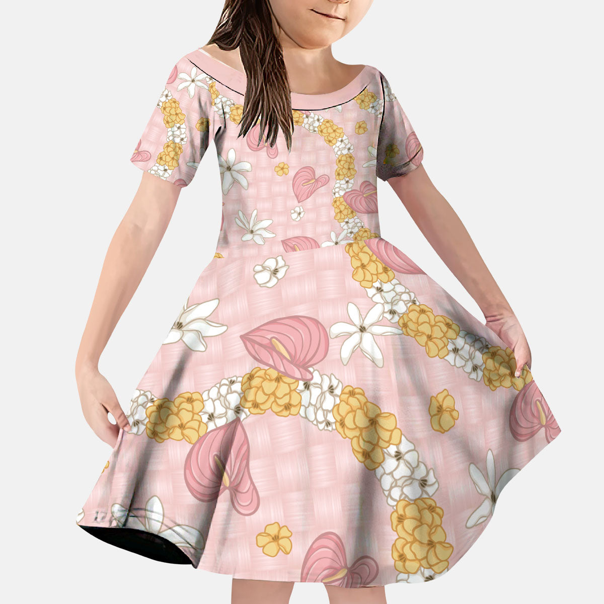 Hawaii Anthurium Tiare Pikake Lei Kid Short Sleeve Dress Akala Lauhala Art Pattern