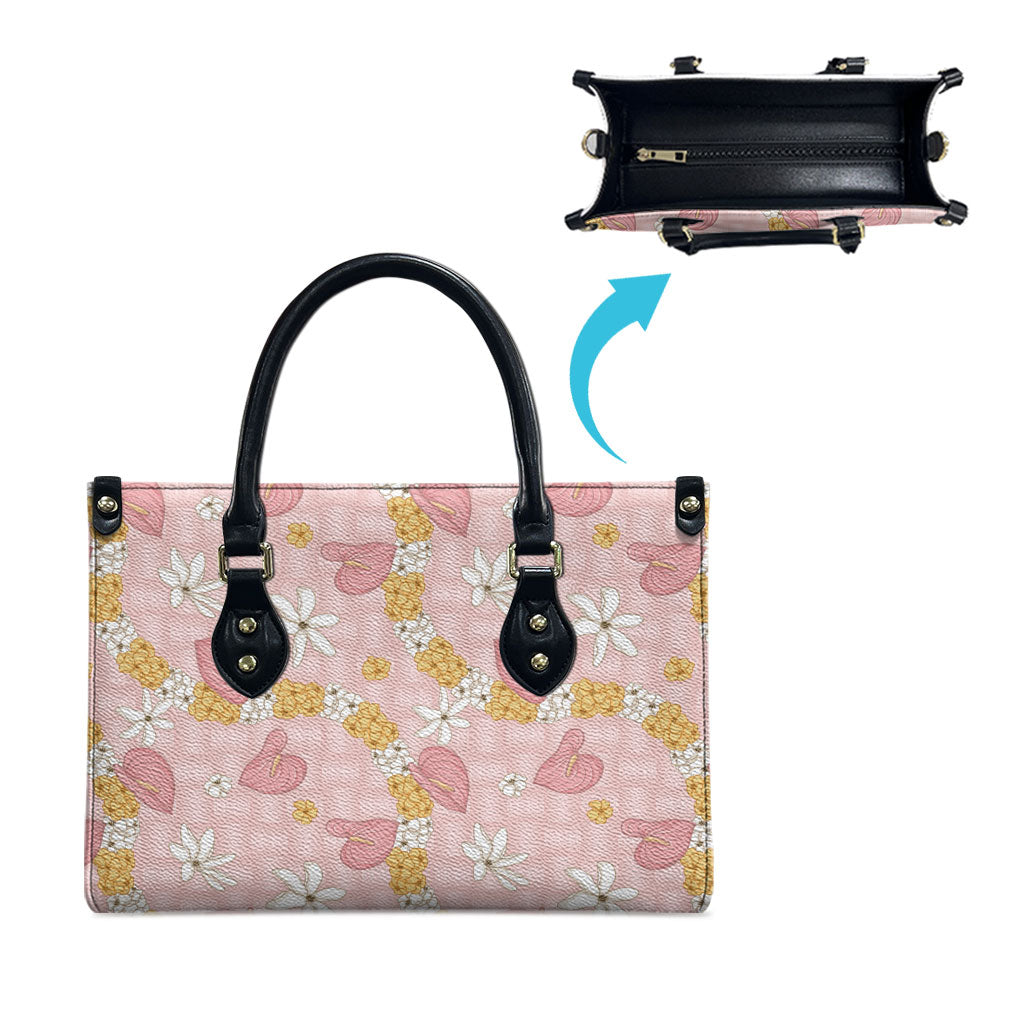 Hawaii Anthurium Tiare Pikake Lei Leather Bag Akala Lauhala Art Pattern LT01 - Polynesian Pride