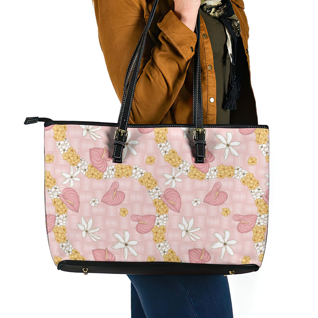 Hawaii Anthurium Tiare Pikake Lei Leather Tote Bag Akala Lauhala Art Pattern LT01 - Polynesian Pride