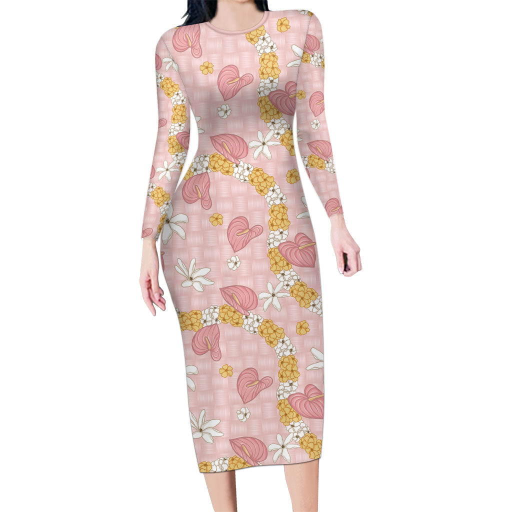Hawaii Anthurium Tiare Pikake Lei Long Sleeve Bodycon Dress Akala Lauhala Art Pattern
