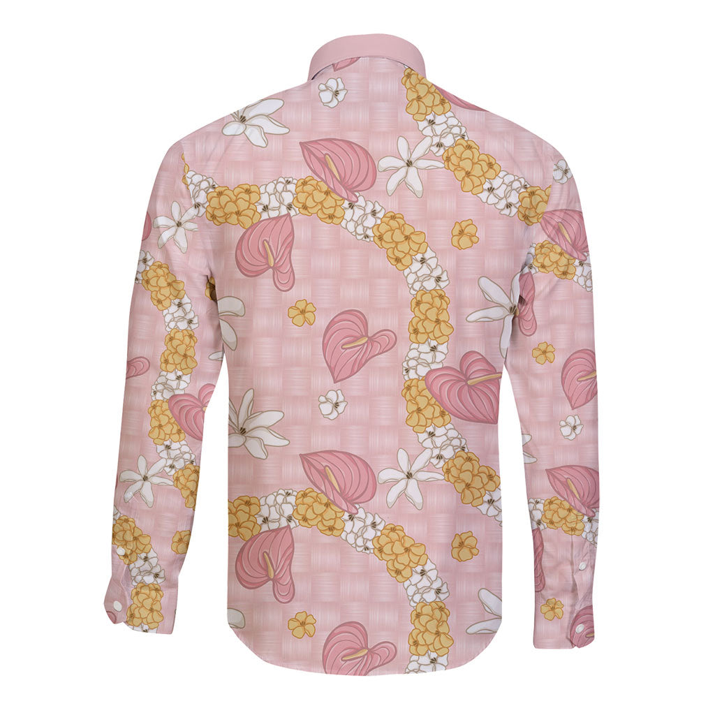 Hawaii Anthurium Tiare Pikake Lei Long Sleeve Button Shirt Akala Lauhala Art Pattern LT01 - Polynesian Pride