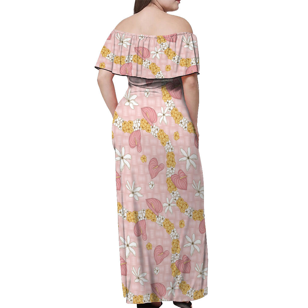 Hawaii Anthurium Tiare Pikake Lei Off Shoulder Maxi Dress Akala Lauhala Art Pattern LT01 - Polynesian Pride