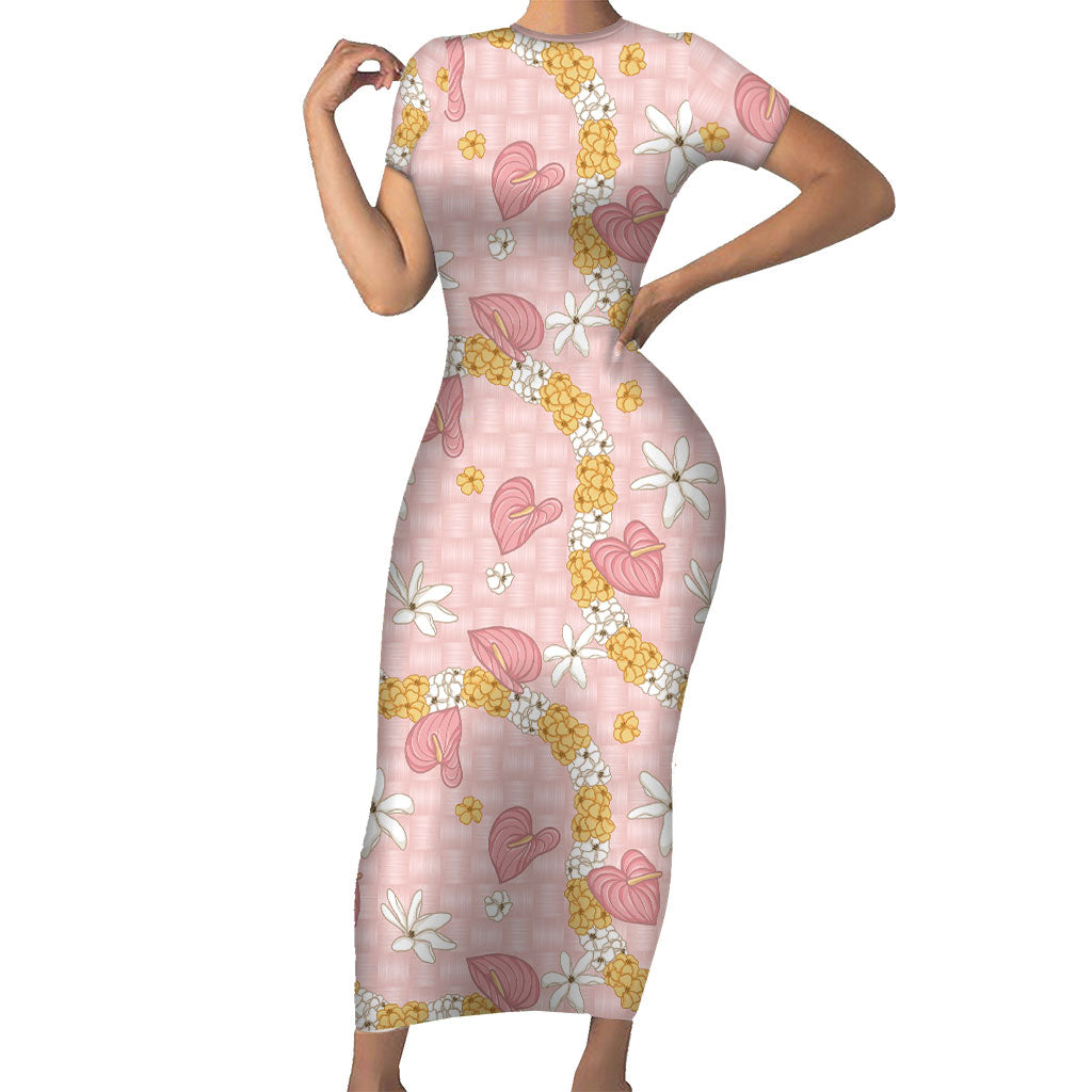 Hawaii Anthurium Tiare Pikake Lei Short Sleeve Bodycon Dress Akala Lauhala Art Pattern LT01 Long Dress Pink - Polynesian Pride