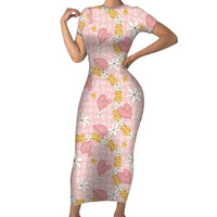 Hawaii Anthurium Tiare Pikake Lei Short Sleeve Bodycon Dress Akala Lauhala Art Pattern LT01 Long Dress Pink - Polynesian Pride