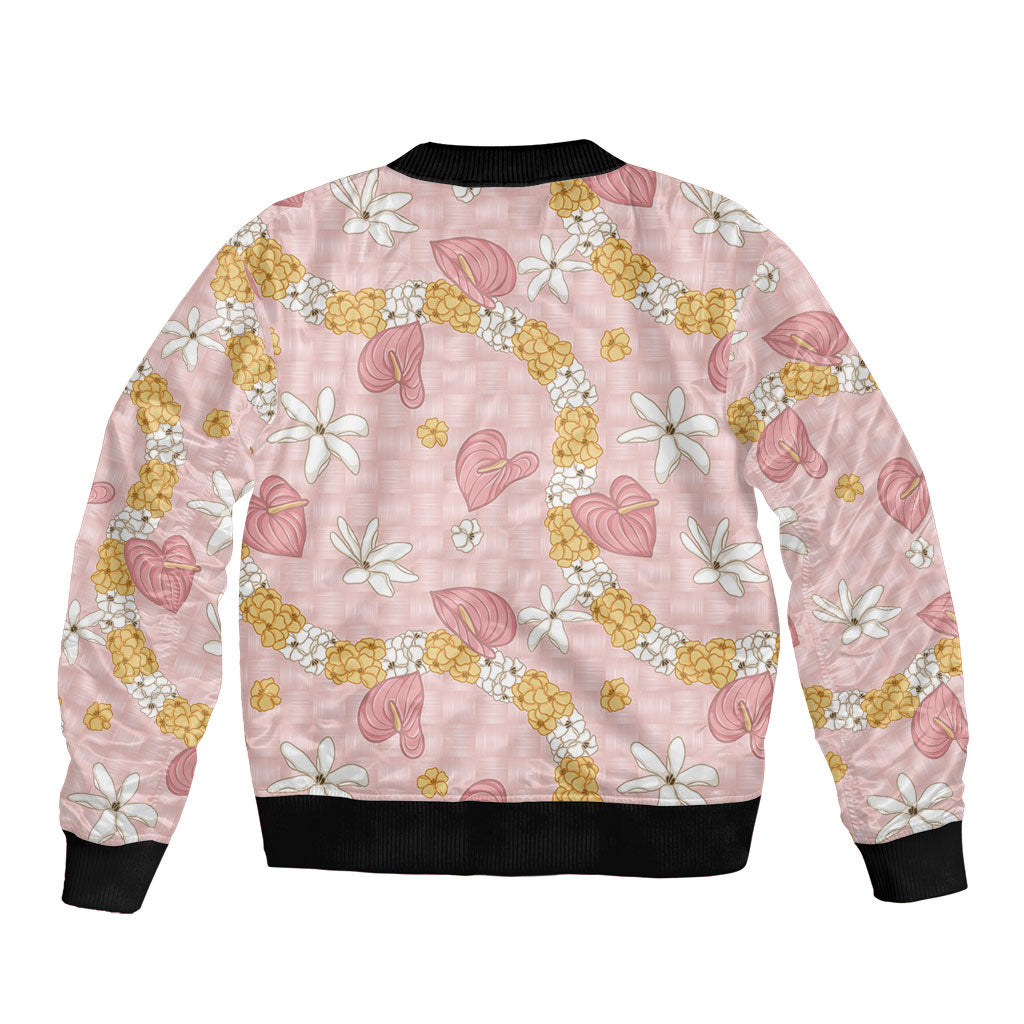 Hawaii Anthurium Tiare Pikake Lei Sleeve Zip Bomber Jacket Akala Lauhala Art Pattern