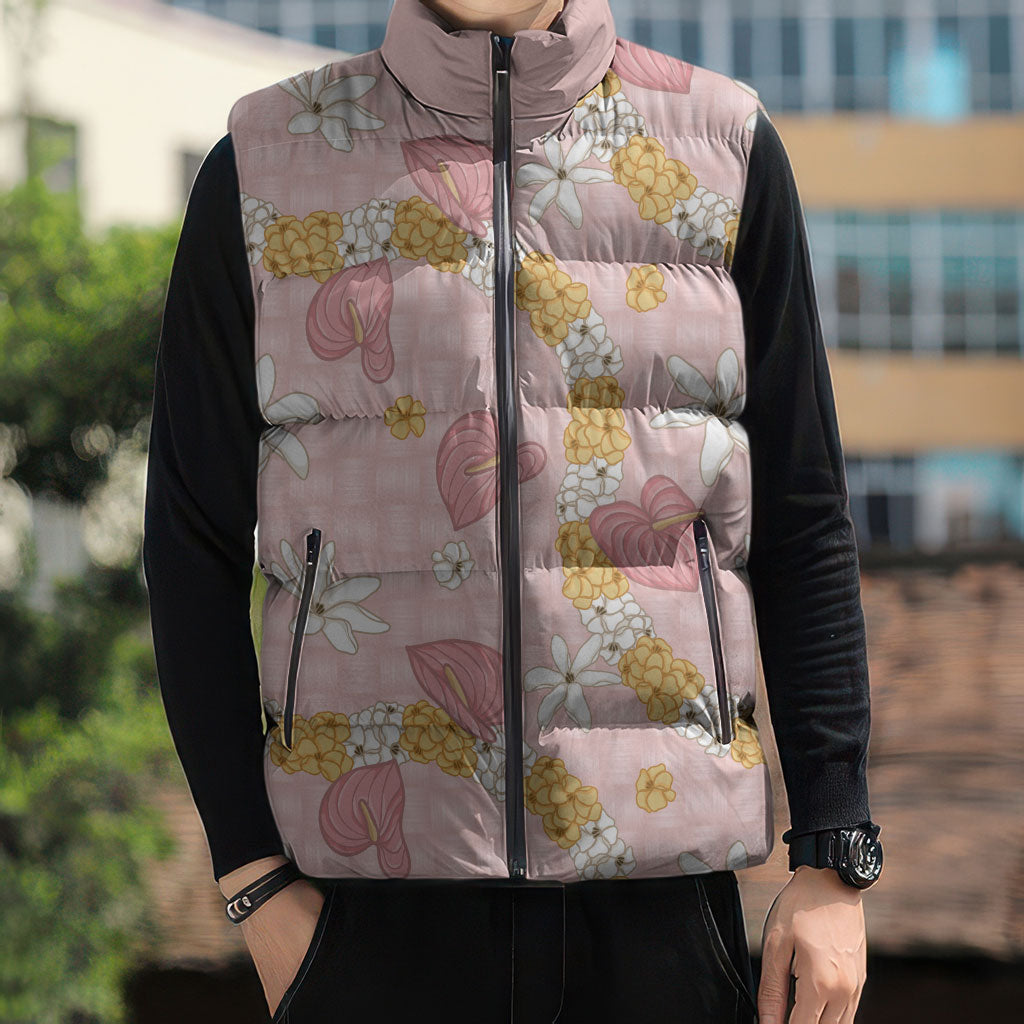 Hawaii Anthurium Tiare Pikake Lei Sleeveless Puffer Jacket Akala Lauhala Art Pattern LT01 - Polynesian Pride
