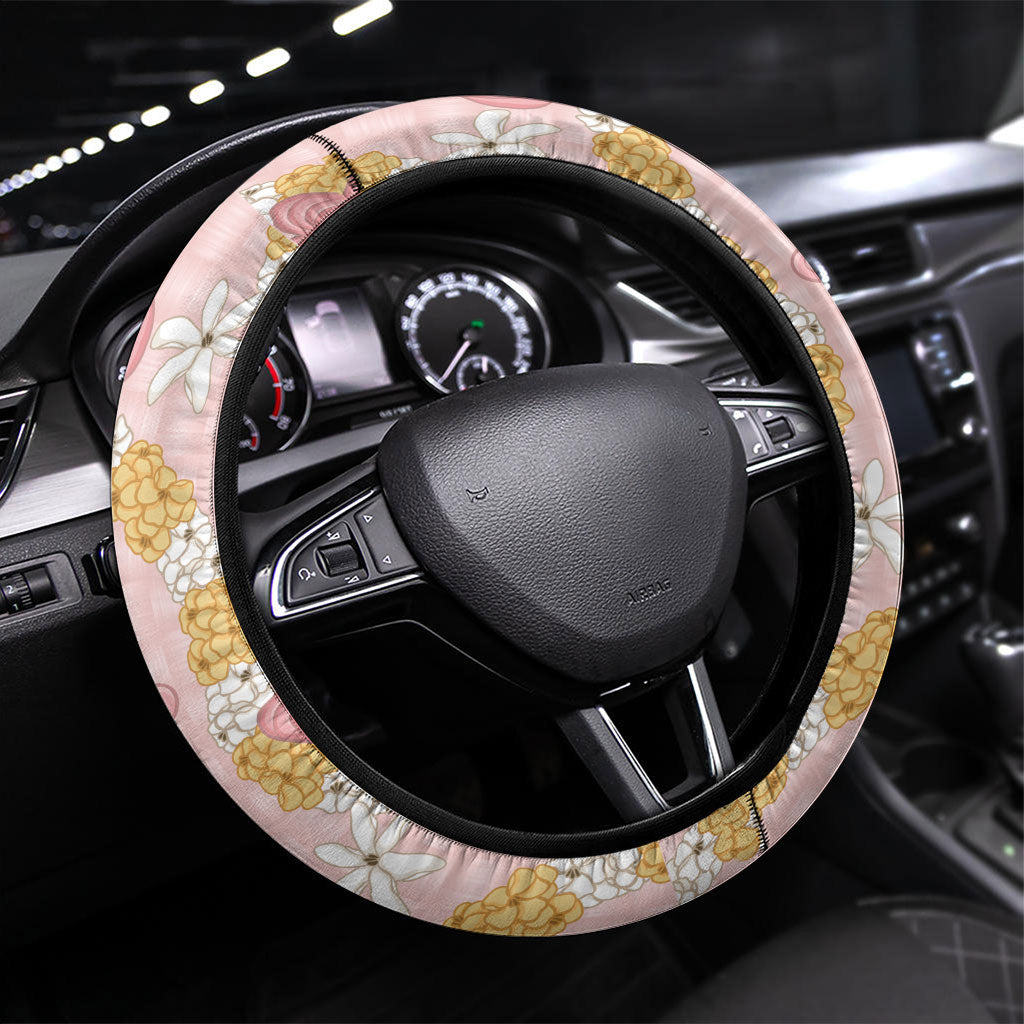 Hawaii Anthurium Tiare Pikake Lei Steering Wheel Cover Akala Lauhala Art Pattern LT01 Universal Fit Pink - Polynesian Pride