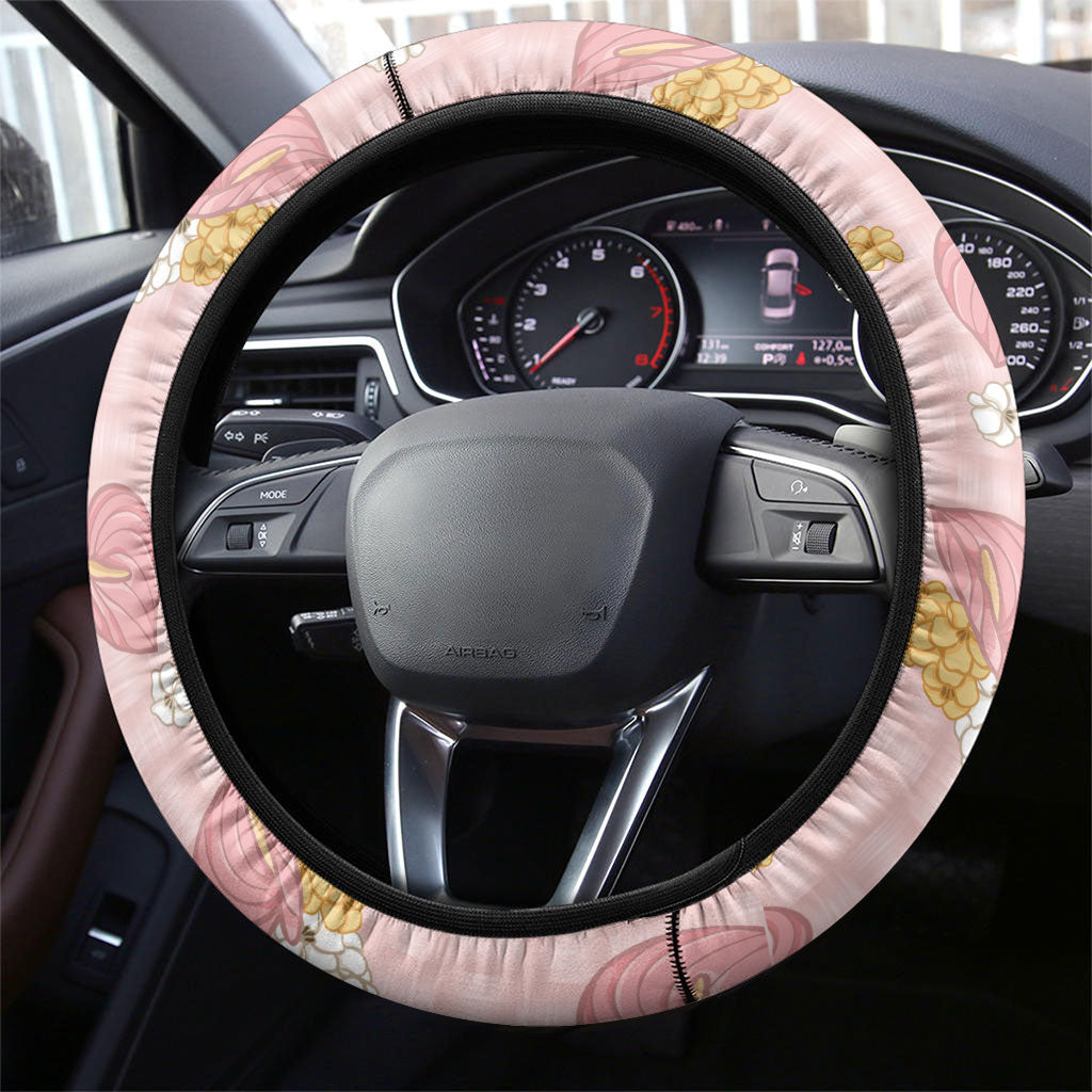Hawaii Anthurium Tiare Pikake Lei Steering Wheel Cover Akala Lauhala Art Pattern LT01 - Polynesian Pride