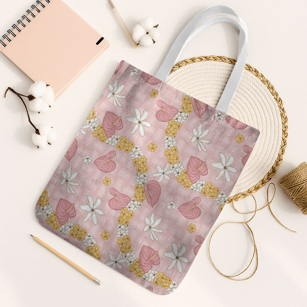 Hawaii Anthurium Tiare Pikake Lei Tote Bag Akala Lauhala Art Pattern