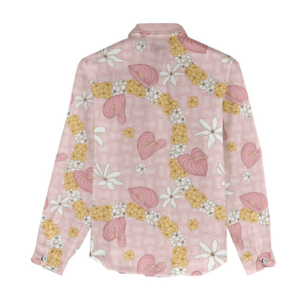 Hawaii Anthurium Tiare Pikake Lei Women Casual Shirt Akala Lauhala Art Pattern