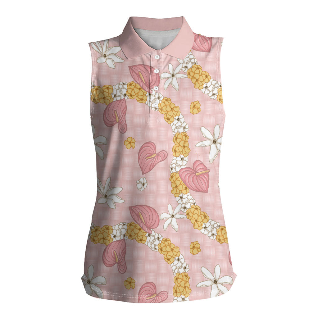 Hawaii Anthurium Tiare Pikake Lei Women Sleeveless Polo Shirt Akala Lauhala Art Pattern LT01 Female Pink - Polynesian Pride