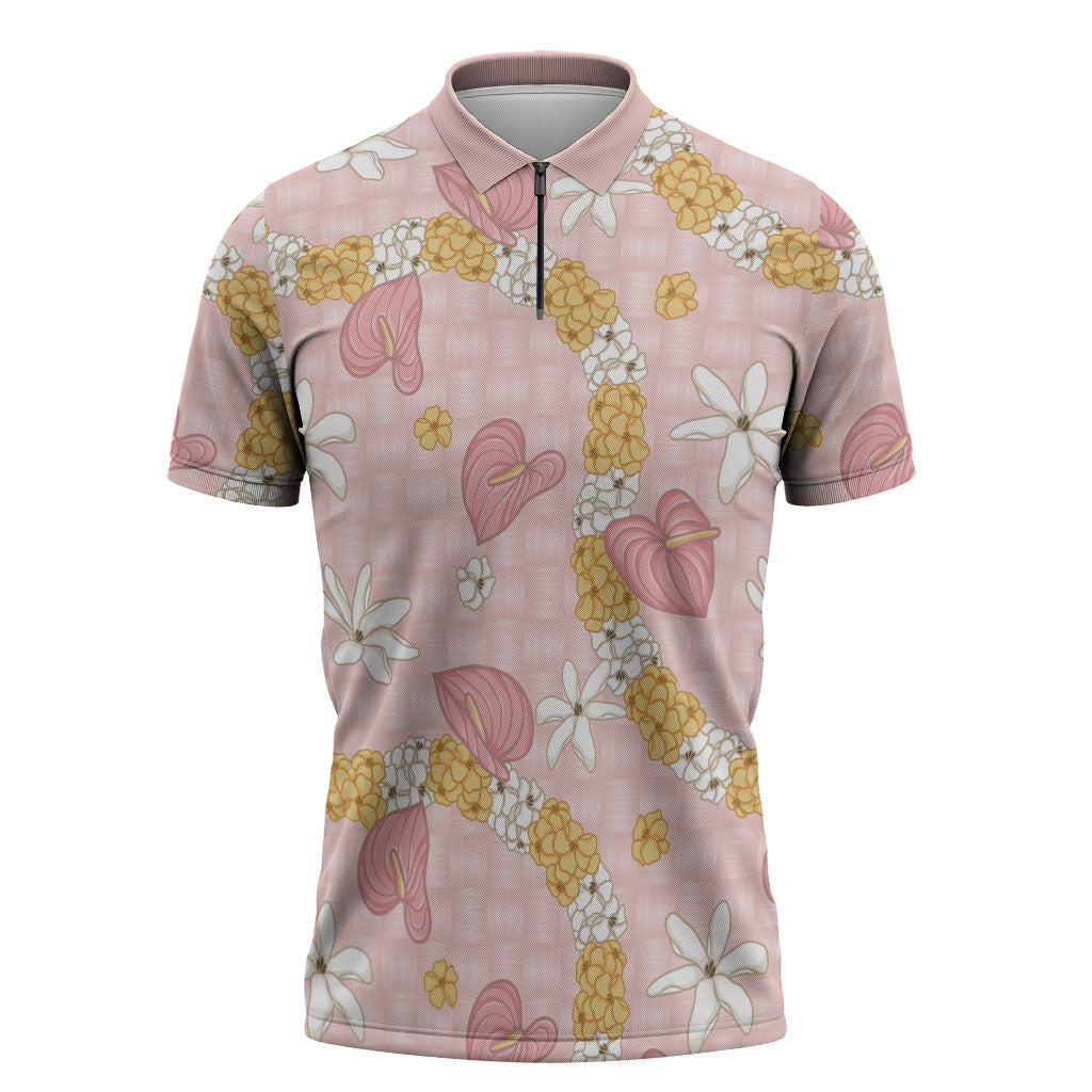 Hawaii Anthurium Tiare Pikake Lei Zipper Polo Shirt Akala Lauhala Art Pattern LT01 Pink - Polynesian Pride