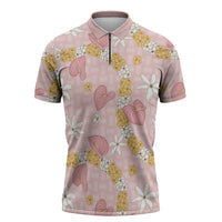 Hawaii Anthurium Tiare Pikake Lei Zipper Polo Shirt Akala Lauhala Art Pattern LT01 Pink - Polynesian Pride