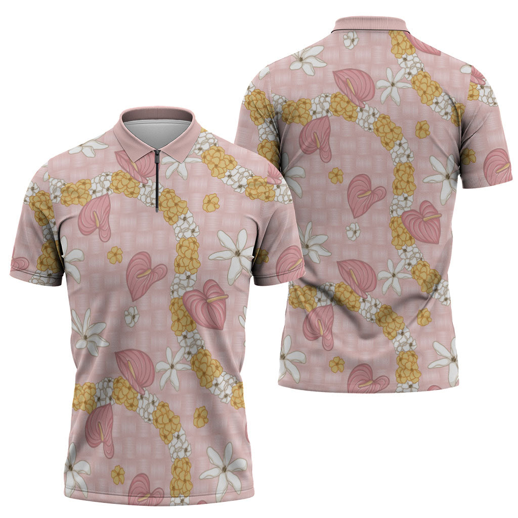 Hawaii Anthurium Tiare Pikake Lei Zipper Polo Shirt Akala Lauhala Art Pattern LT01 - Polynesian Pride