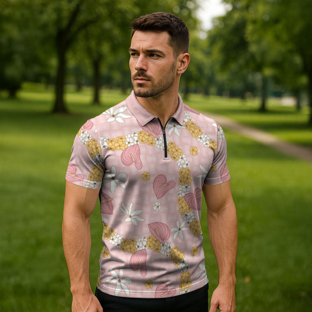 Hawaii Anthurium Tiare Pikake Lei Zipper Polo Shirt Akala Lauhala Art Pattern LT01 - Polynesian Pride