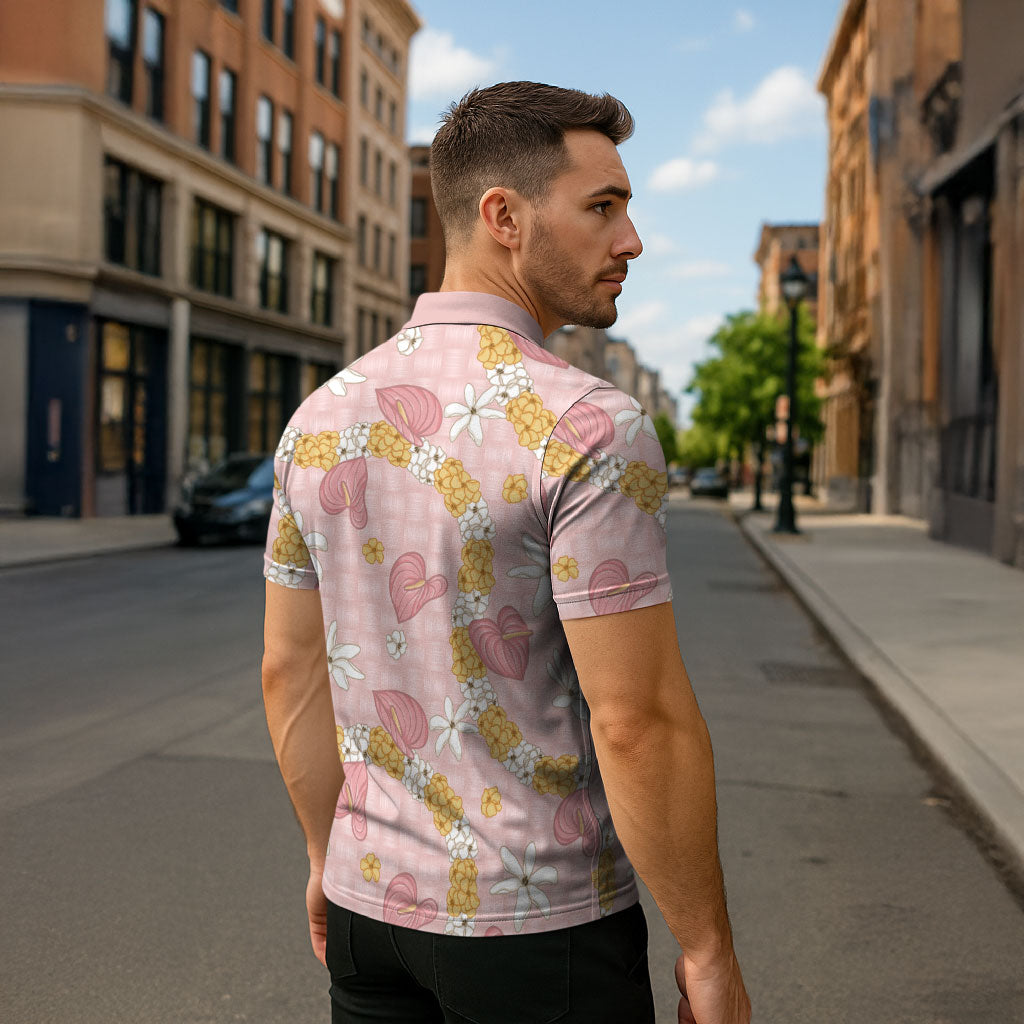Hawaii Anthurium Tiare Pikake Lei Zipper Polo Shirt Akala Lauhala Art Pattern LT01 - Polynesian Pride
