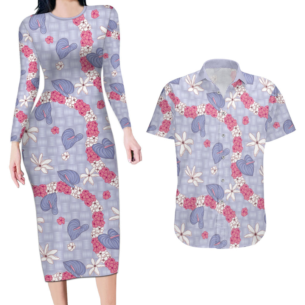 Hawaii Anthurium Tiare Pikake Lei Couples Matching Long Sleeve Bodycon Dress and Hawaiian Shirt Poni Lauhala Art Pattern